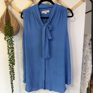 LOFT Sleeveless Tie Neck Blouse Blue Button Down Office
